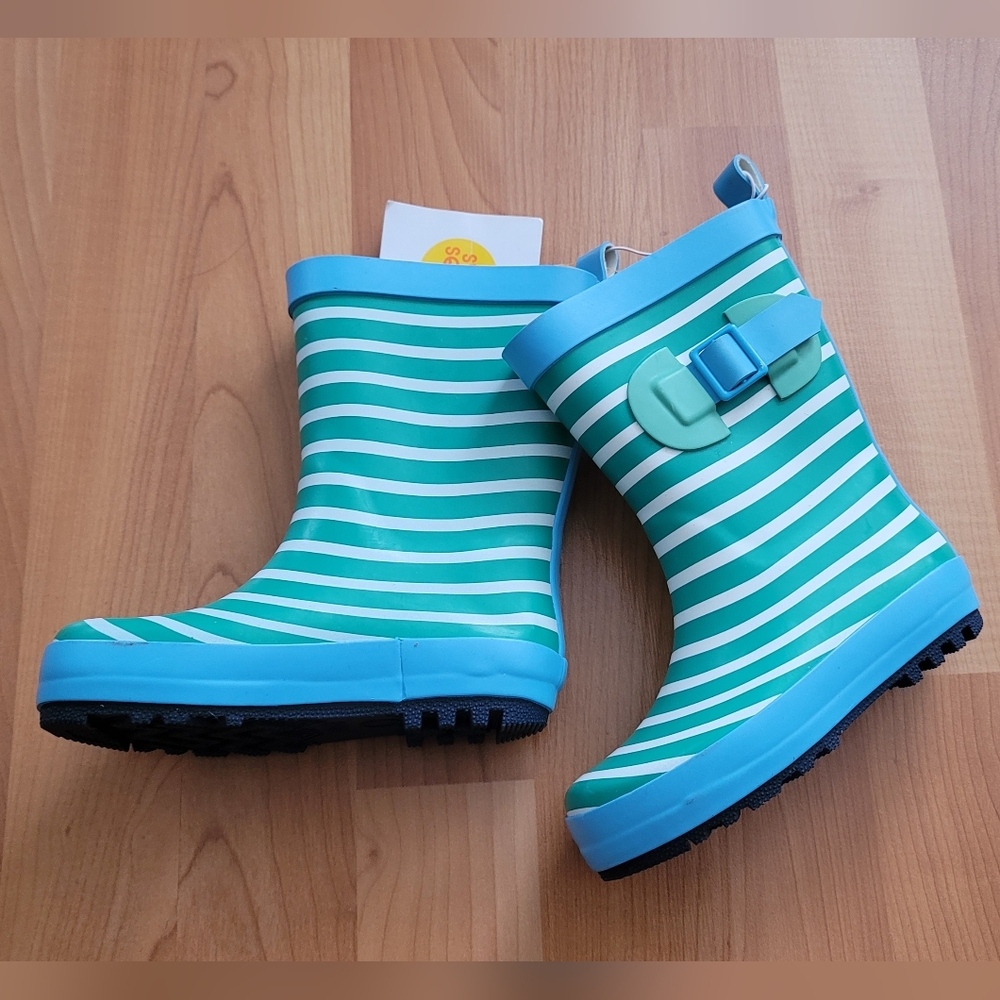 NWT Target Sun Squad Rain Boots Rubber Boy Girl Sz 5/6 Blue Green Stripes Print